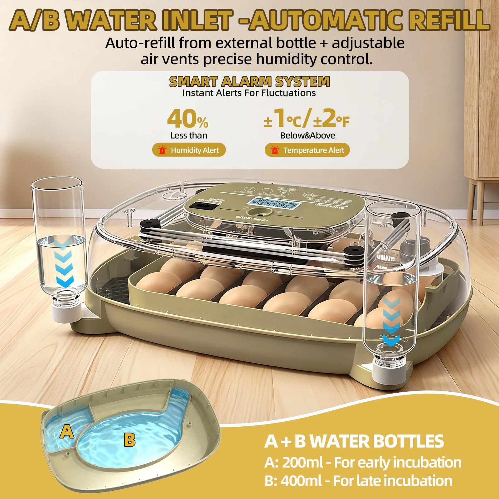 Generic incubator external water refill minimizes heat loss during cycles.