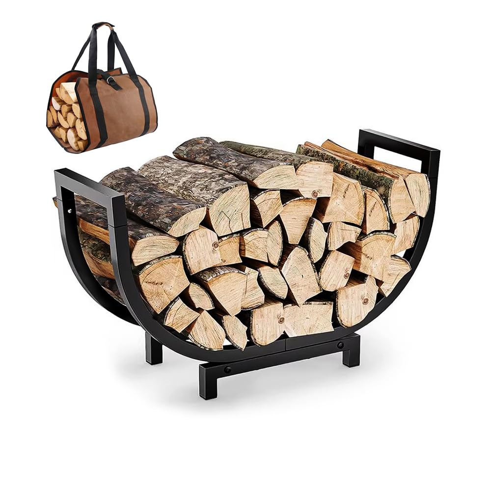 Generic 24in curved firewood rack shown beside a modern fireplace, space-saving design.