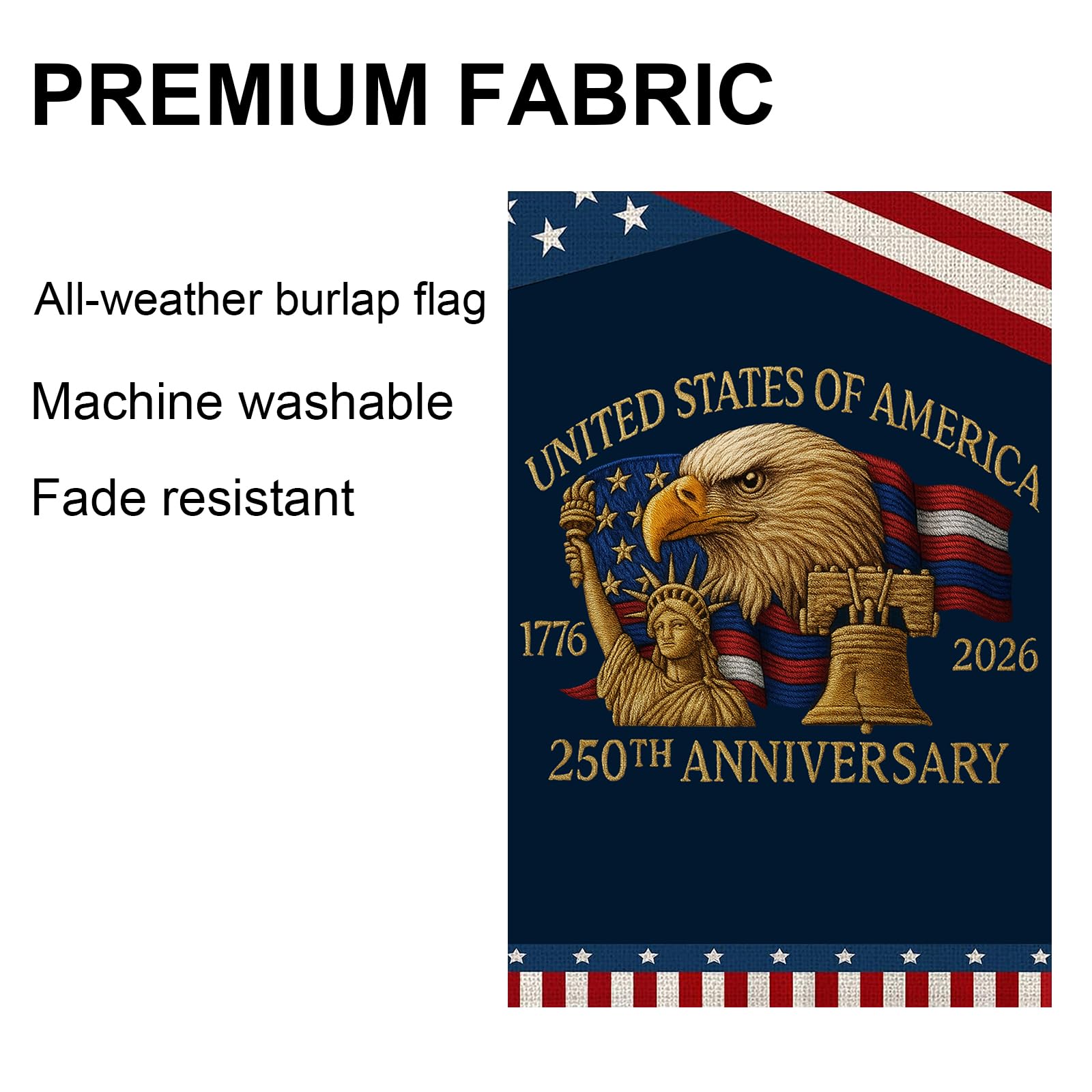 Generic 250 Years America Garden Flag measures 12x18 inches for standard flag holders.