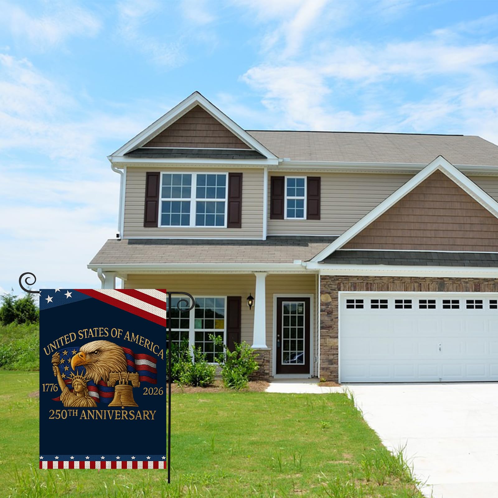 Generic 250 Years America Garden Flag on blue background for striking outdoor visibility.