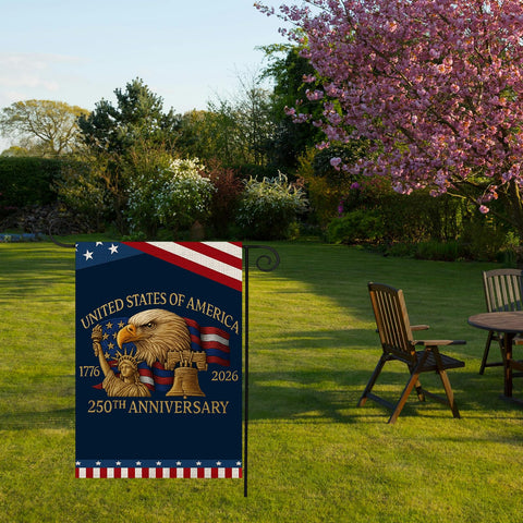 Generic 250 Years America Garden Flag with dual flags highlights versatile year-round decor.