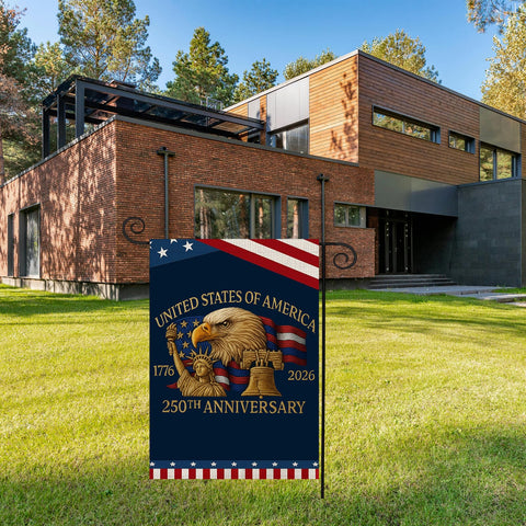 Generic 250 Years America Garden Flag showing statue and bell for classic Americana curb appeal.
