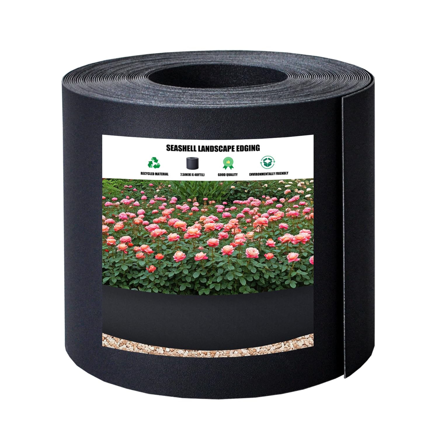 Generic 40ft edging with dark gray border defines beds and keeps mulch in place.