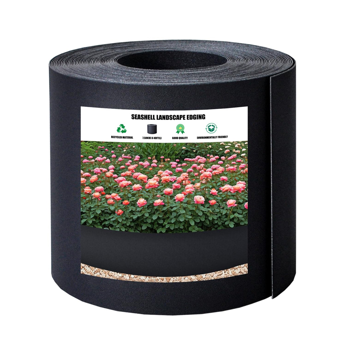 Generic 40ft edging with dark gray border defines beds and keeps mulch in place.