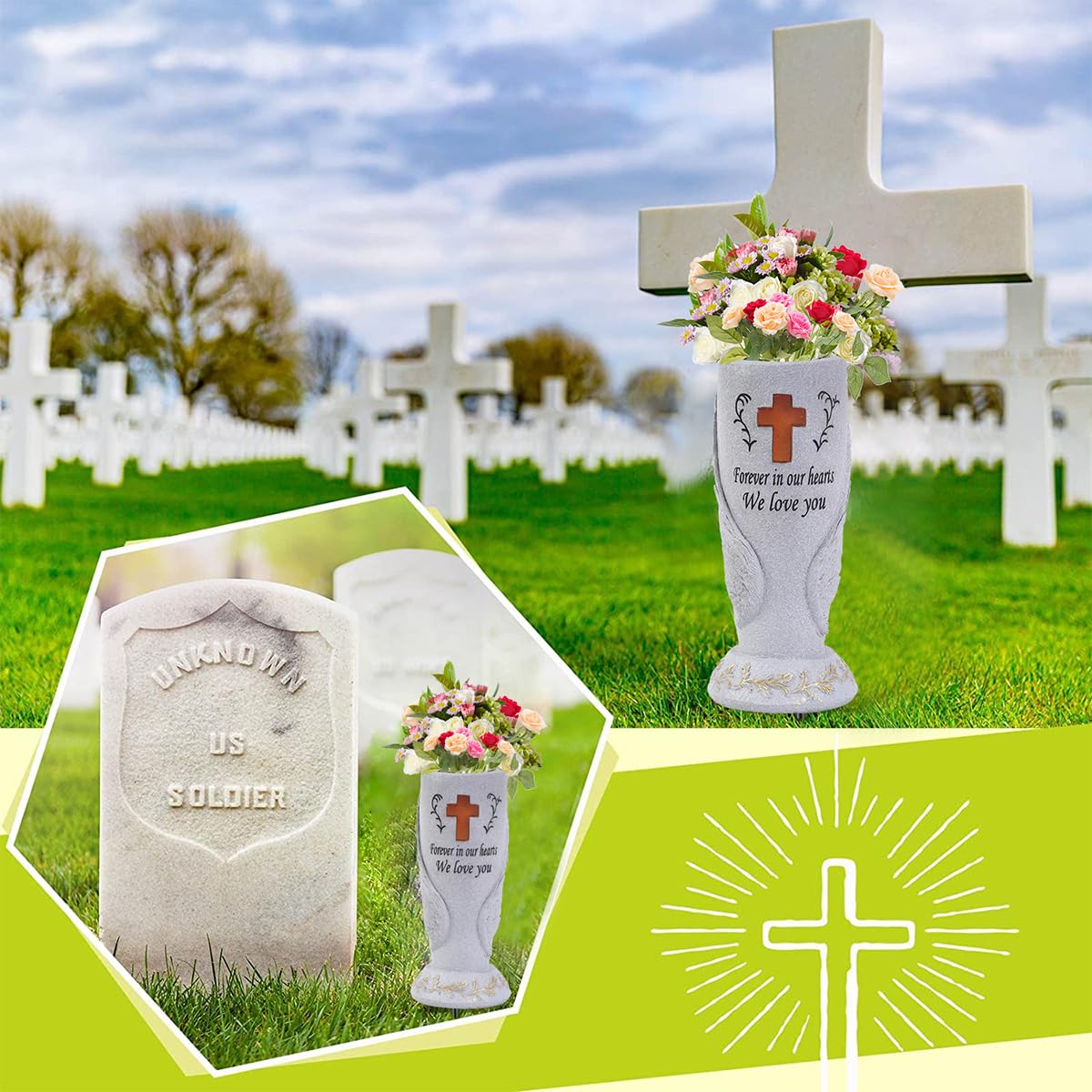 Generic angel wings cross vase with stakes for stable placement.