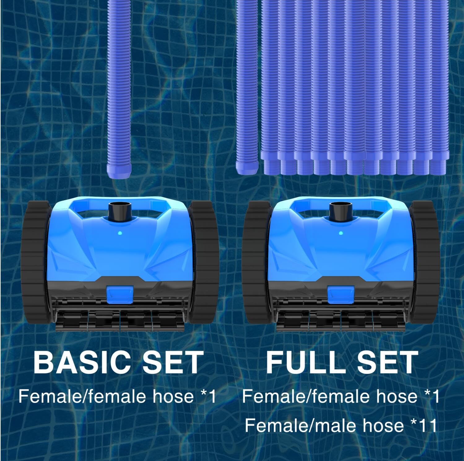 Generic blue pool cleaner assembly shown without tools for quick setup