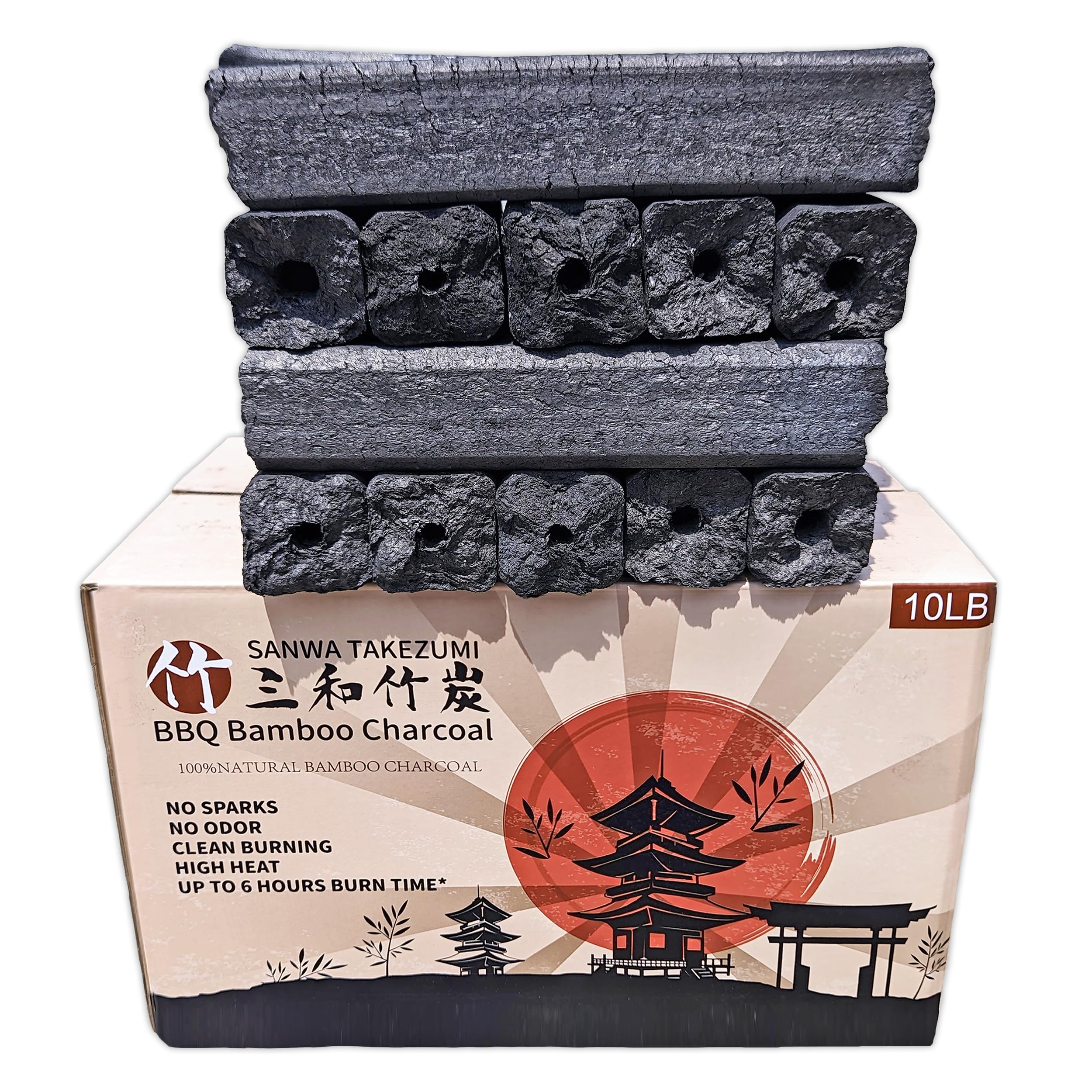 Generic BBQ Bamboo Charcoal packaging shows a 10 lb supply for longer grilling sessions.