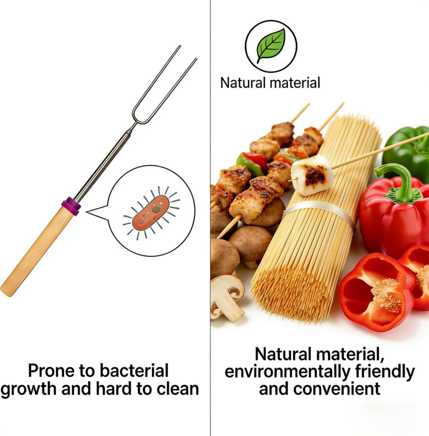 Generic bamboo skewers close-up showing smooth, splinter-free surface.