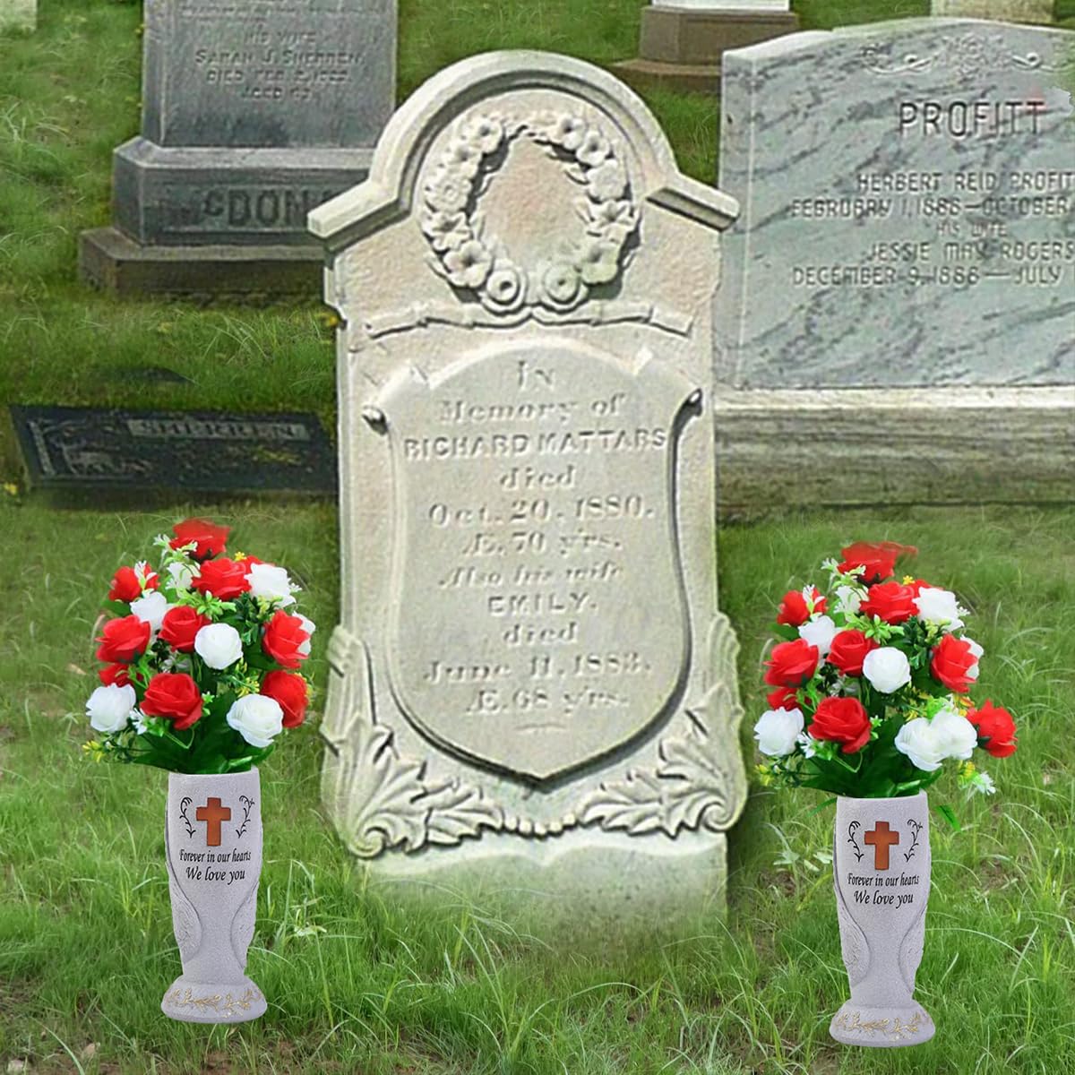 Generic bereavement gift angel vase supports heartfelt tributes outdoors.