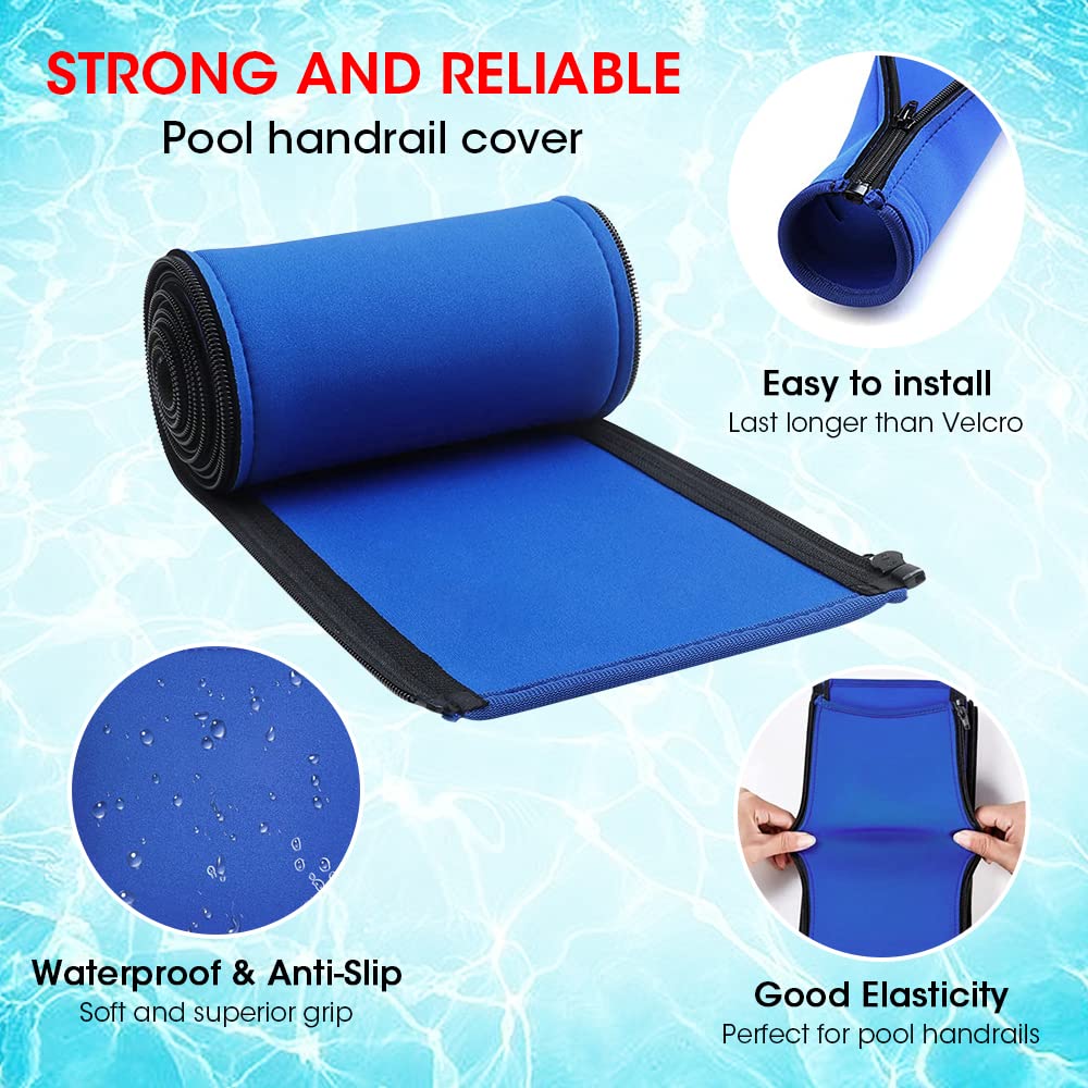 Generic blue pool handrail cover protects hands from heat while bathing.