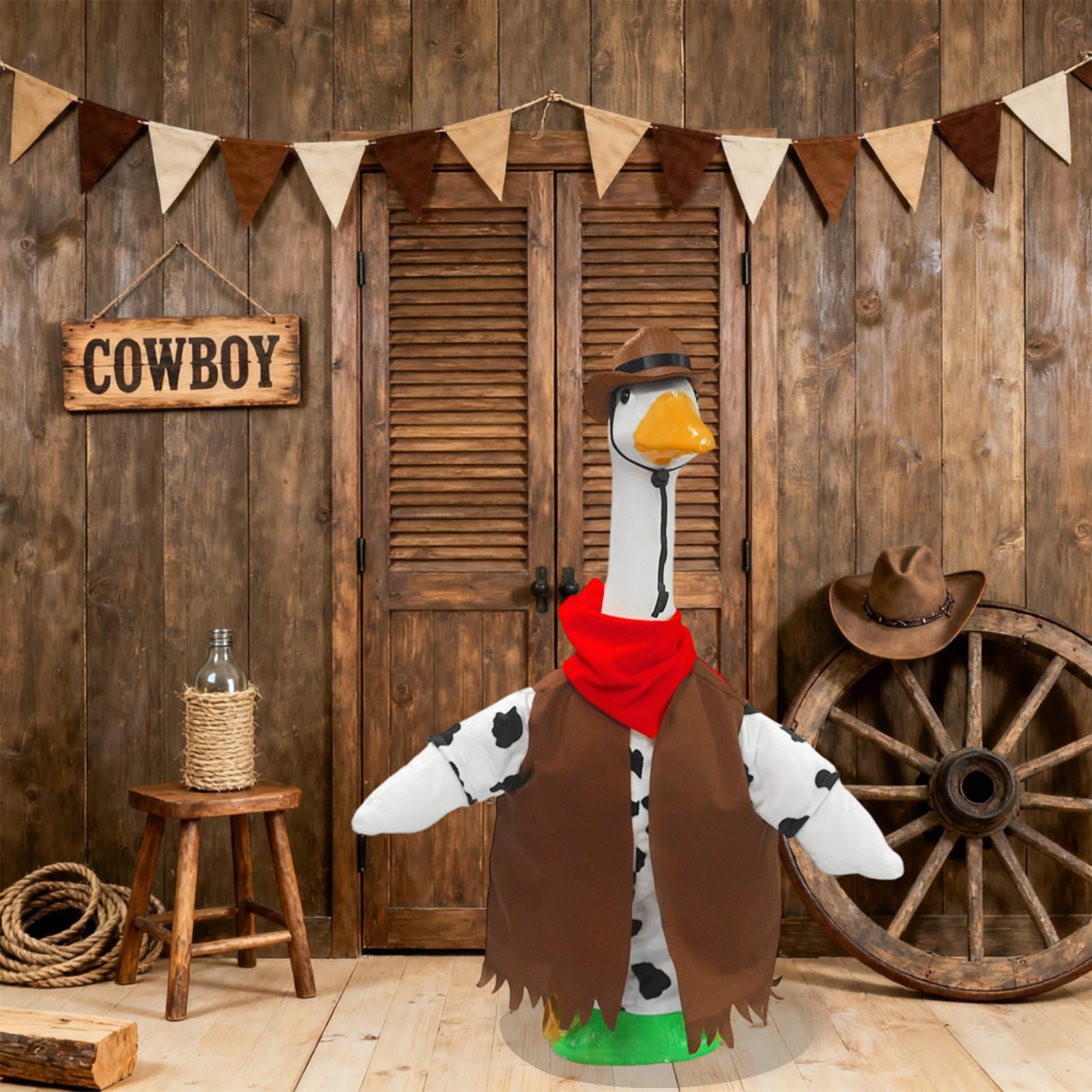 Generic brown vest goose outfit enhances a 23-inch lawn goose with rustic charm.