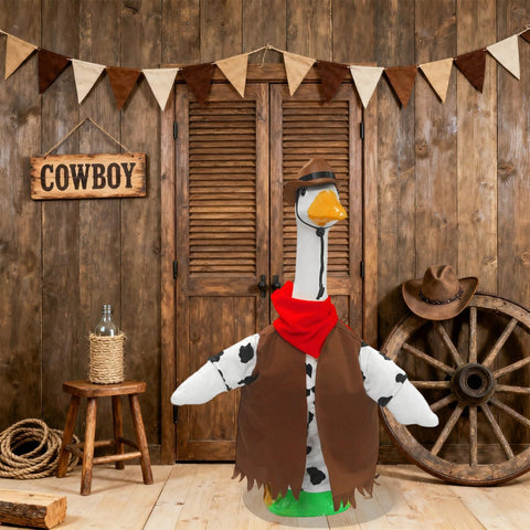 Generic brown vest goose outfit enhances a 23-inch lawn goose with rustic charm.