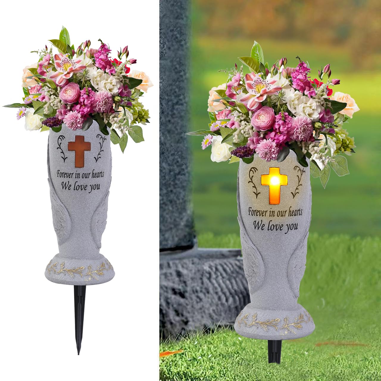 Generic cemetery vase with angel wings and cross, ideal for memorial bouquets in gardens.