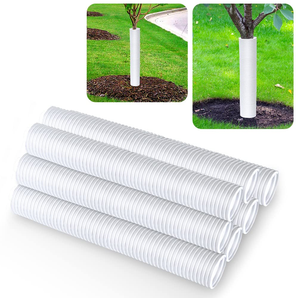 Generic corrugated tree guards protect a young trunk in a garden setting