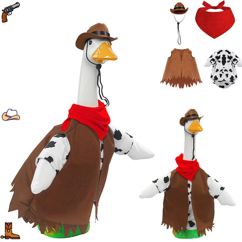 Generic Cowboy Goose Outfit T-Shirt on a 23-inch statue adds playful curb appeal.
