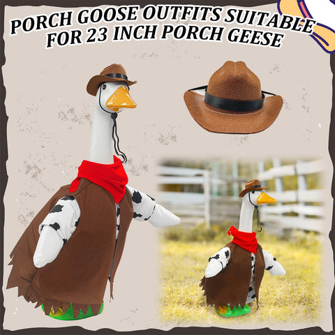 Generic cowboy hat on goose costume creates a festive lawn focal point.