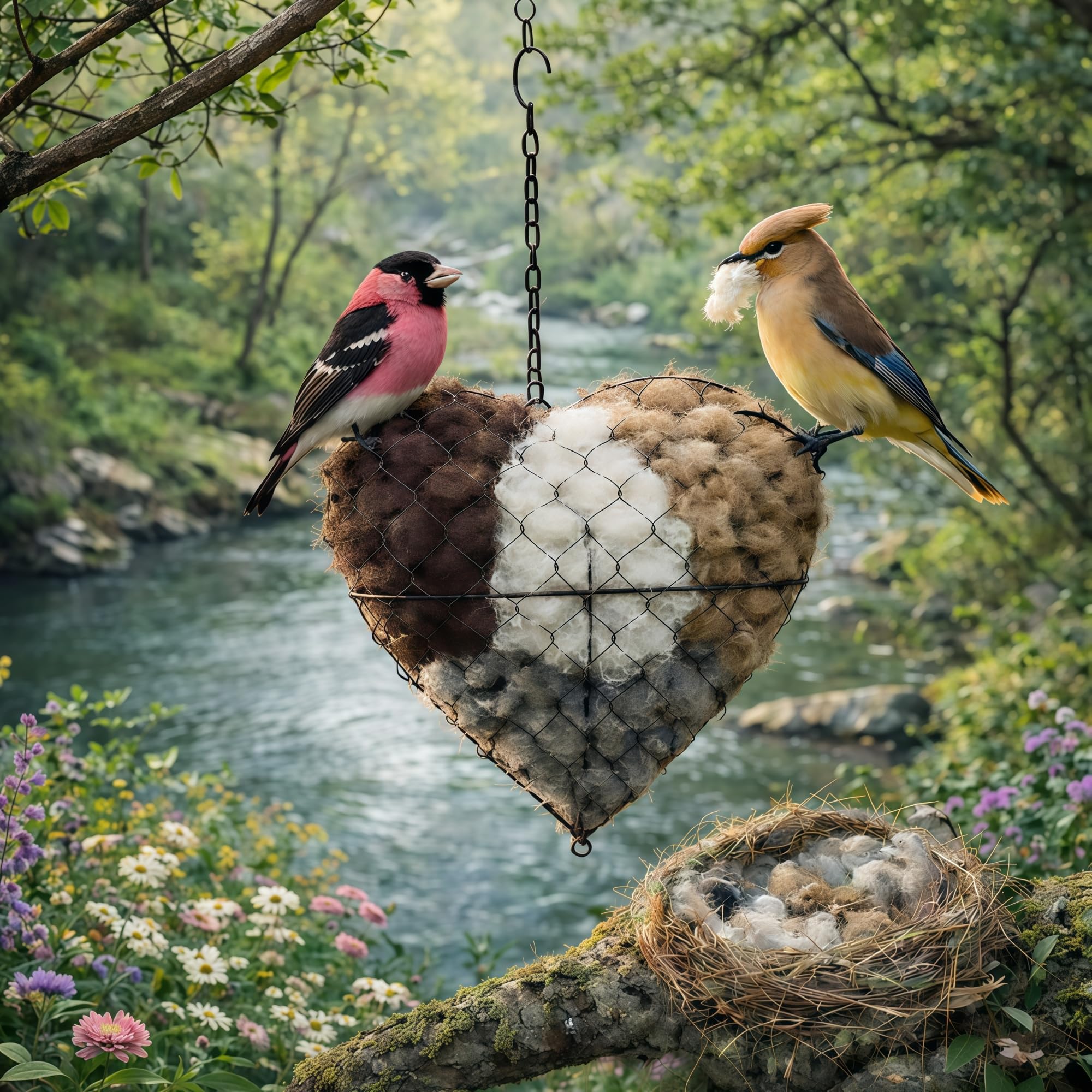 Decorative bird shelter heart in garden enhancing outdoor ambiance.
