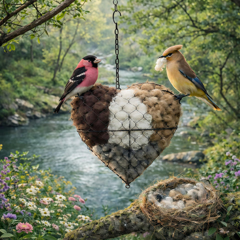 Decorative bird shelter heart in garden enhancing outdoor ambiance.