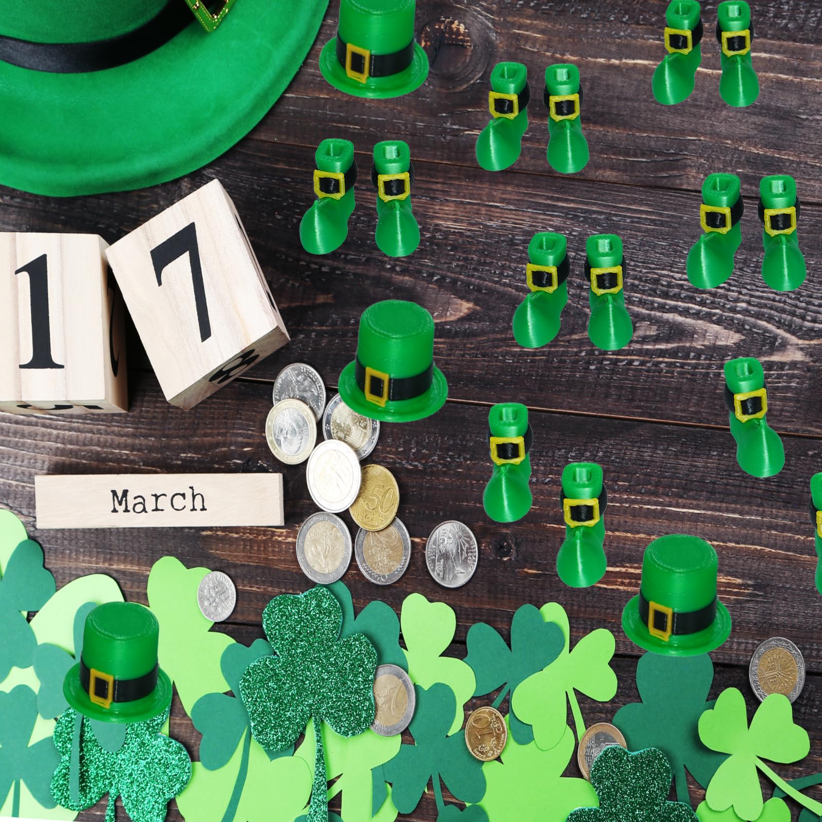 Generic DIY craft accents with tiny green shoes and hats.