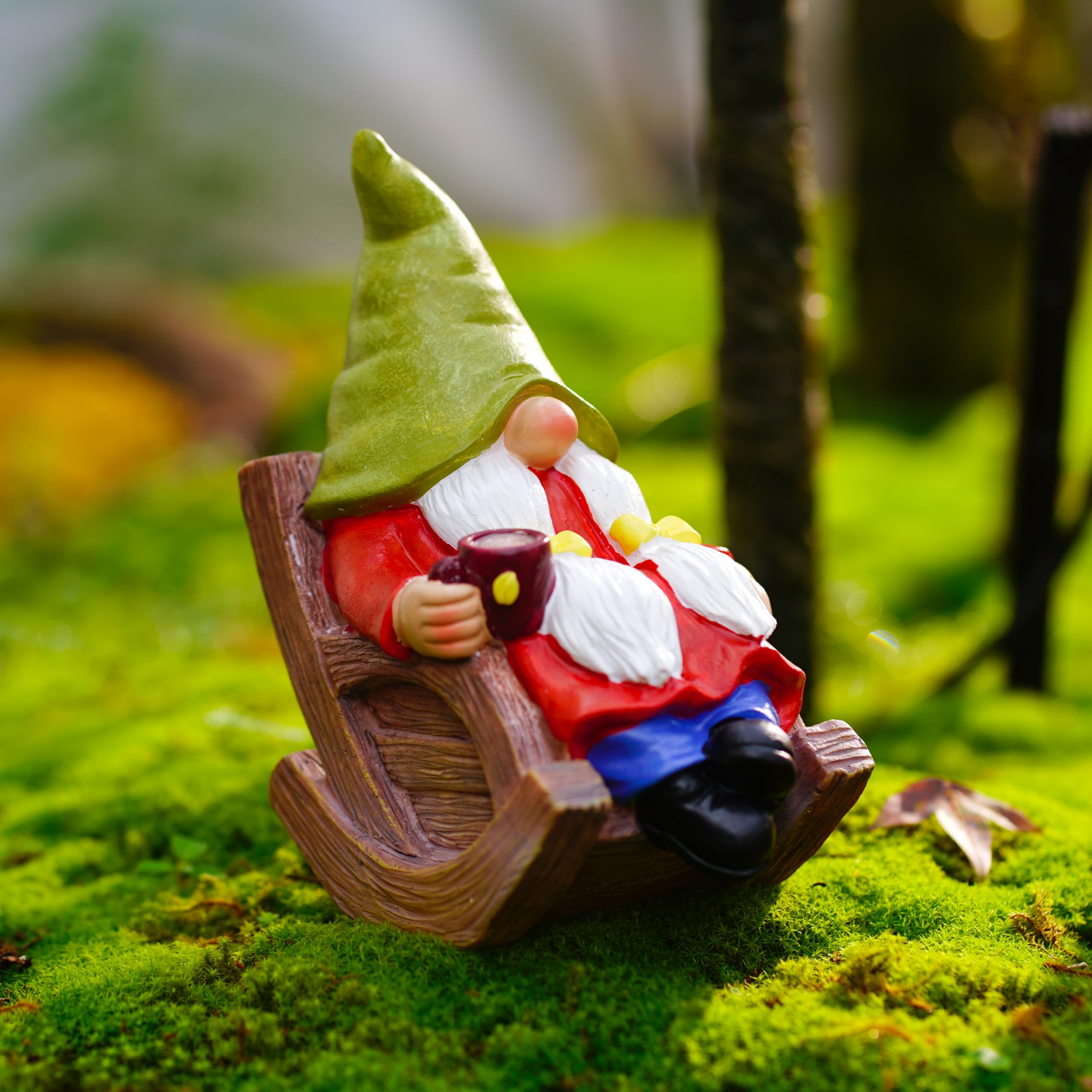 Generic drinking coffee gnome 6.5-inch statue adds whimsical charm to patios and gardens.