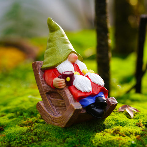Generic drinking coffee gnome 6.5-inch statue adds whimsical charm to patios and gardens.