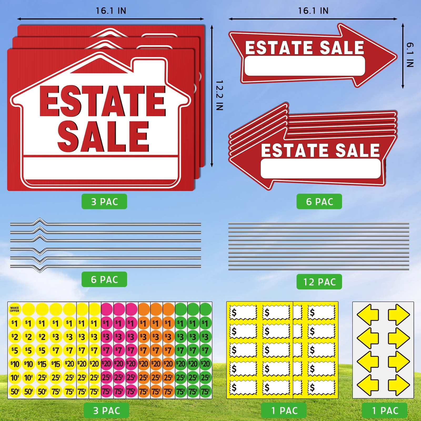 Close-up of a large double-sided estate sale sign with stake.