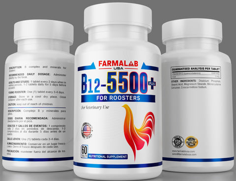 Farmalab B12 5500 Plus label close-up signaling high potency for poultry health