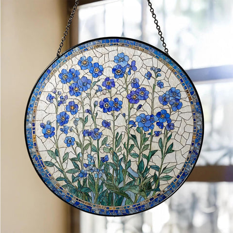Generic Forget-Me-Not suncatcher stained glass art catching sun rays for bright garden ambiance