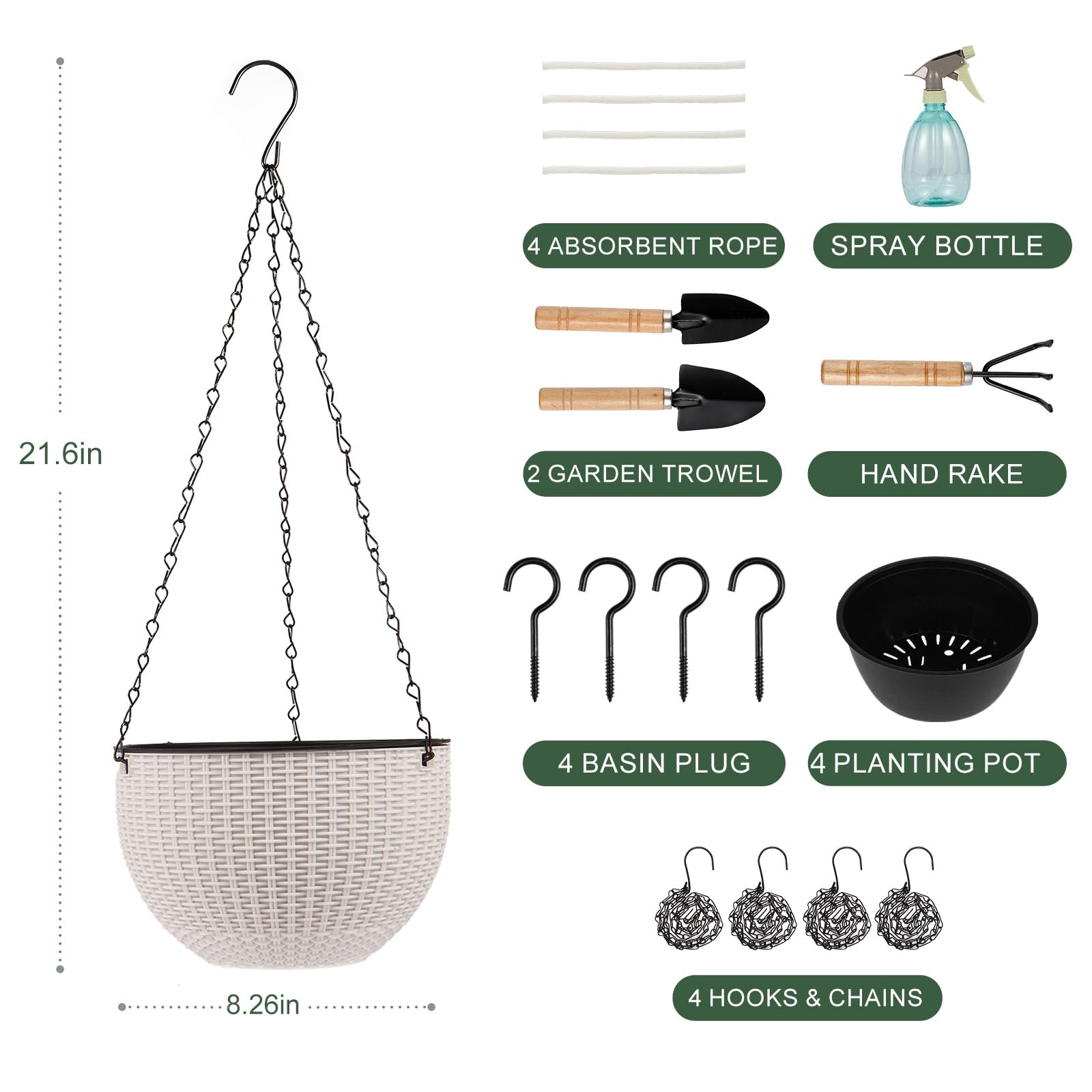 Generic four-piece hanging planters with chains in white for balcony and patio display.