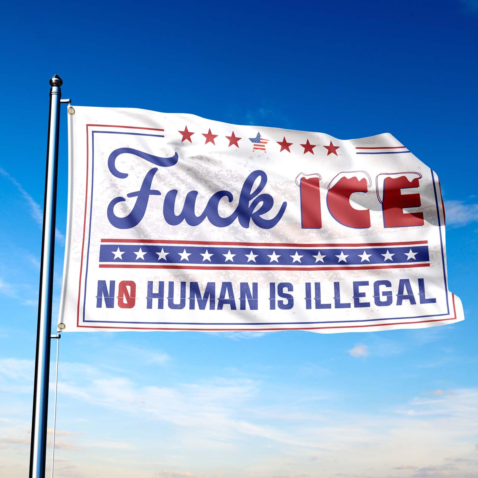 Generic Fuck ICE flag rally display with bold colors for visibility