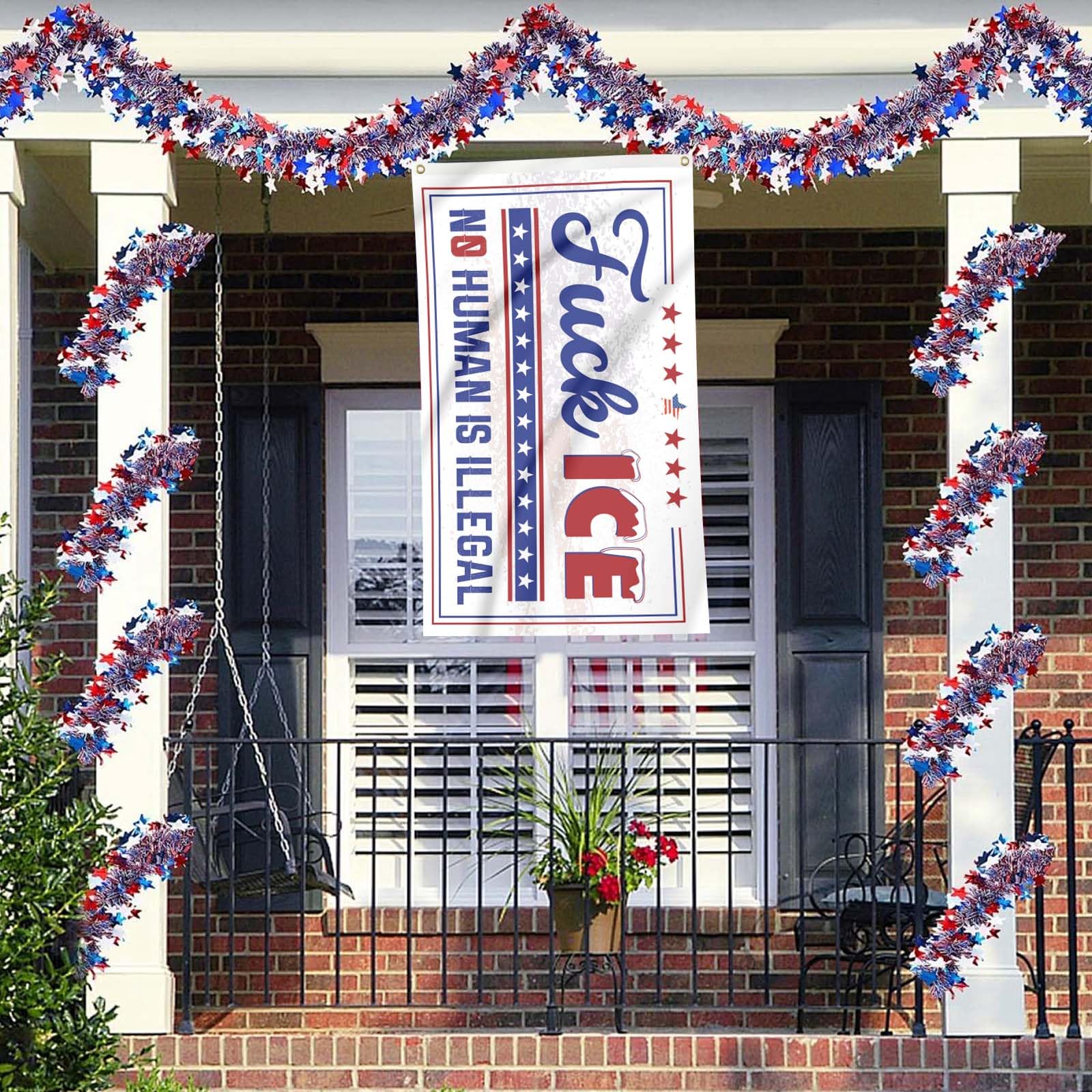 Generic Fuck ICE flag text readable from distance in crowds