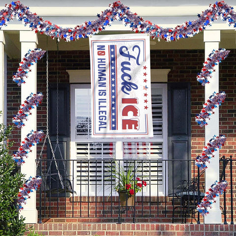 Generic Fuck ICE flag text readable from distance in crowds