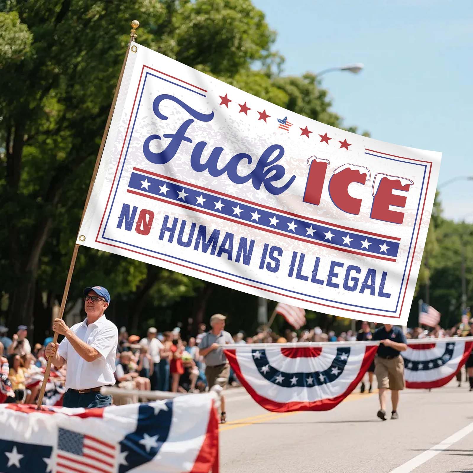 Generic Fuck ICE flag wall display for indoor venues