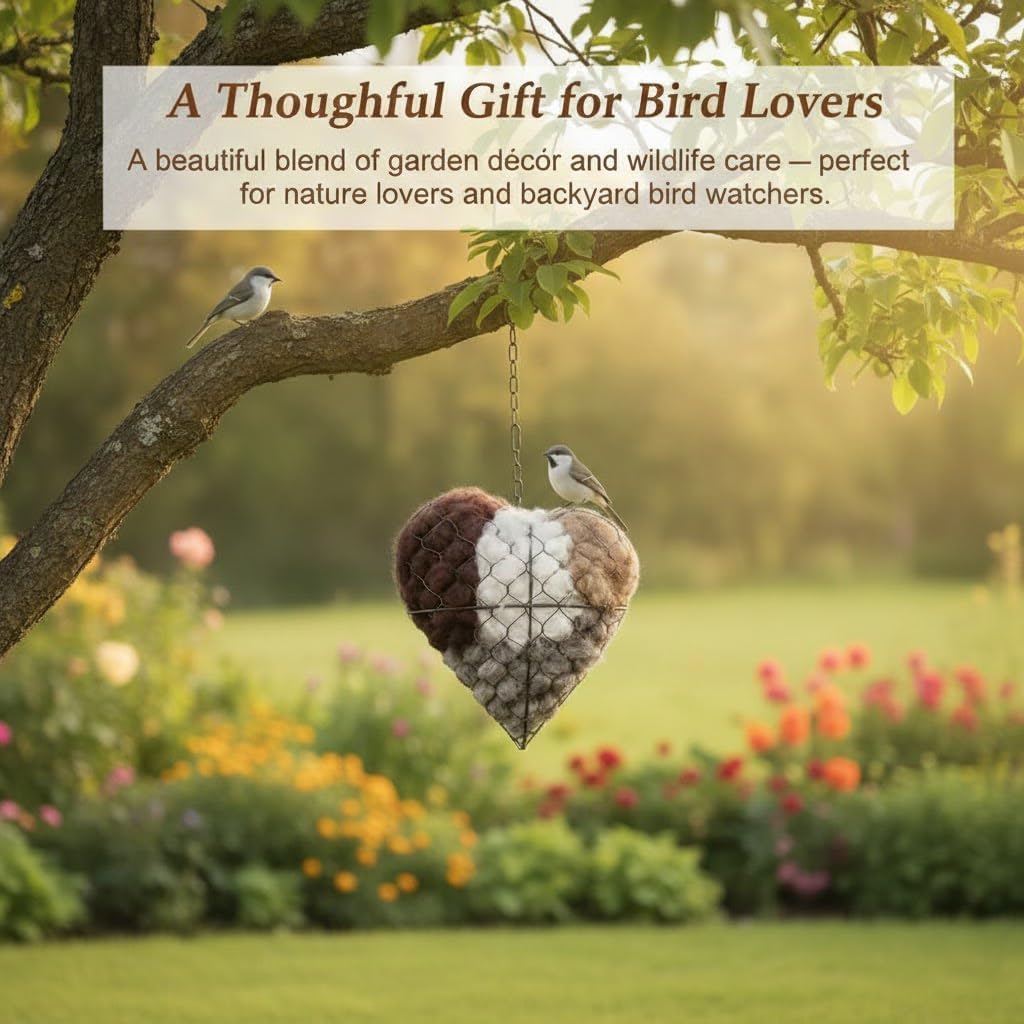 Handmade garden sanctuary featuring alpaca fiber heart nest on a tree branch.