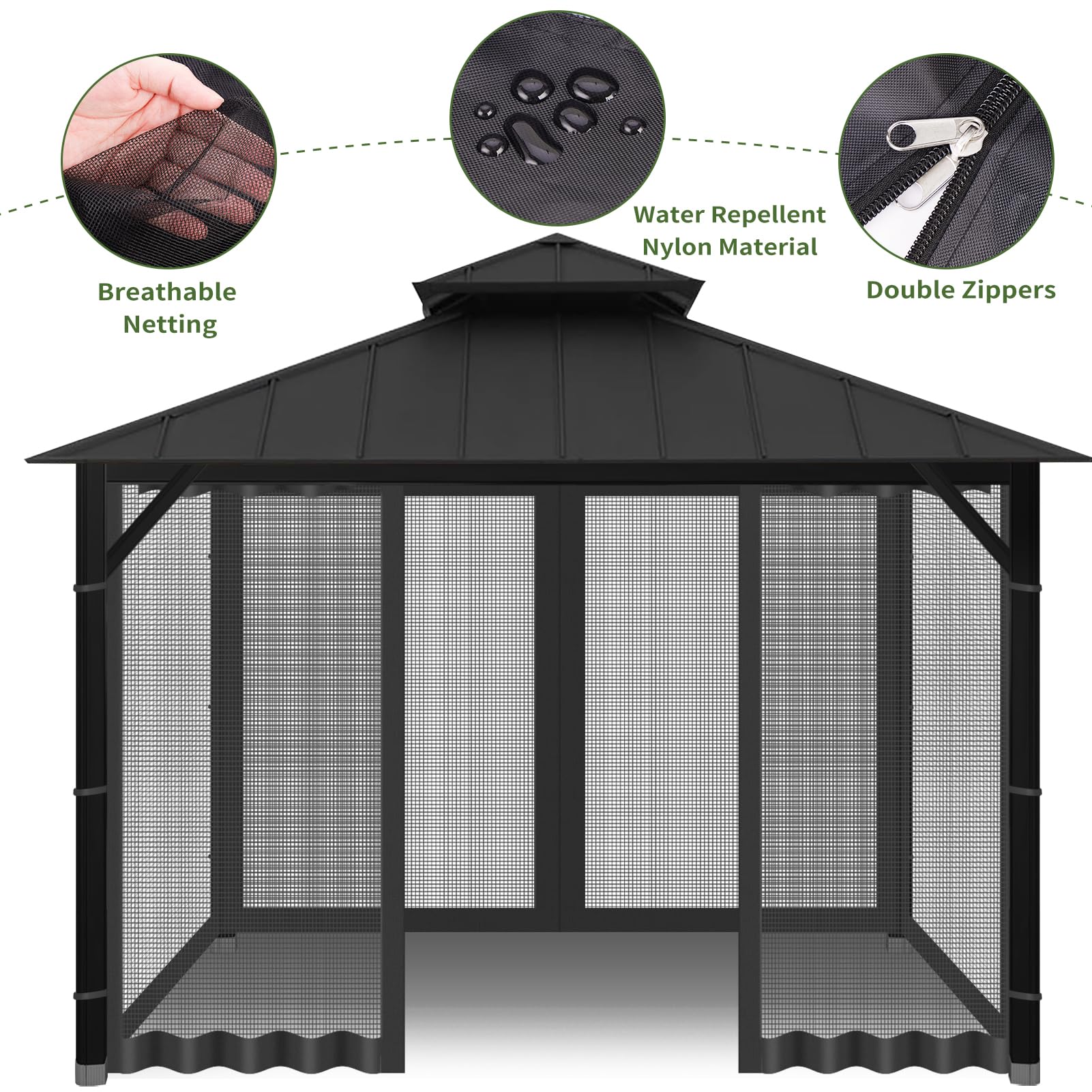 Generic Gazebo Netting durable polyester mesh resists wind and weather for longer use.