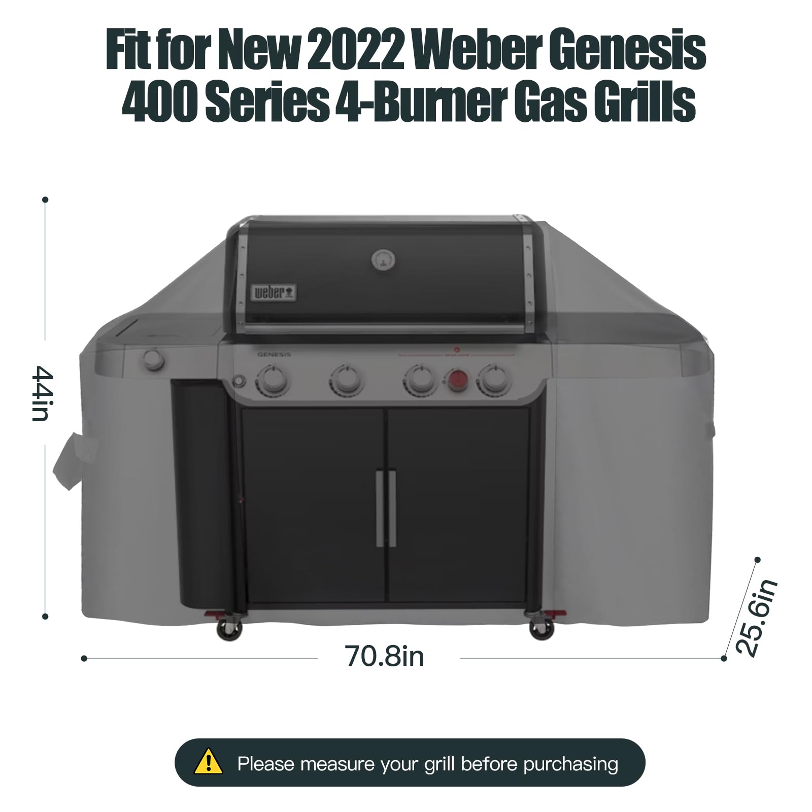 Generic 70-inch grill cover, side view, highlighting weatherproof design for outdoor protection.