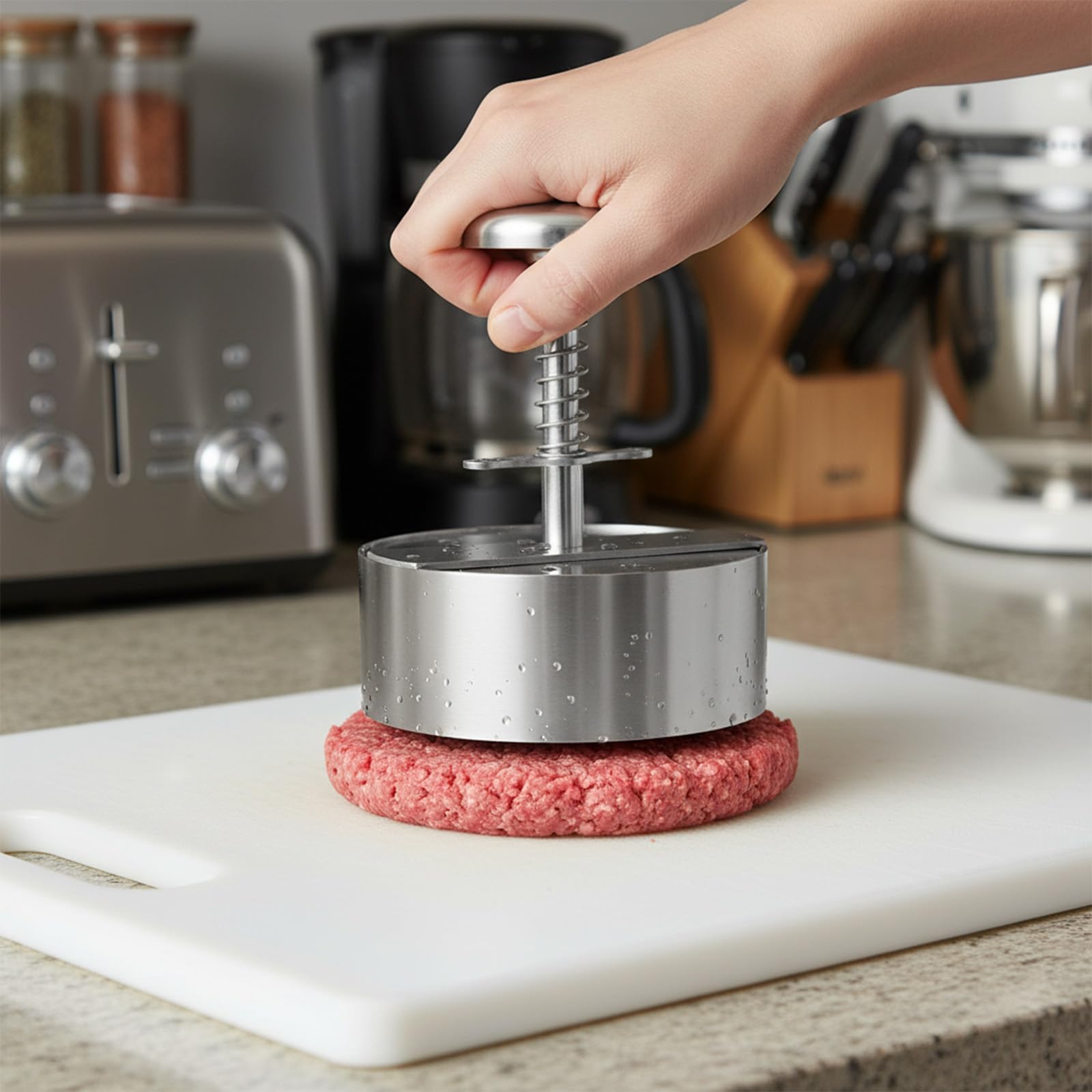 Generic Hamburger Press showing spring button release for clean patty formation.