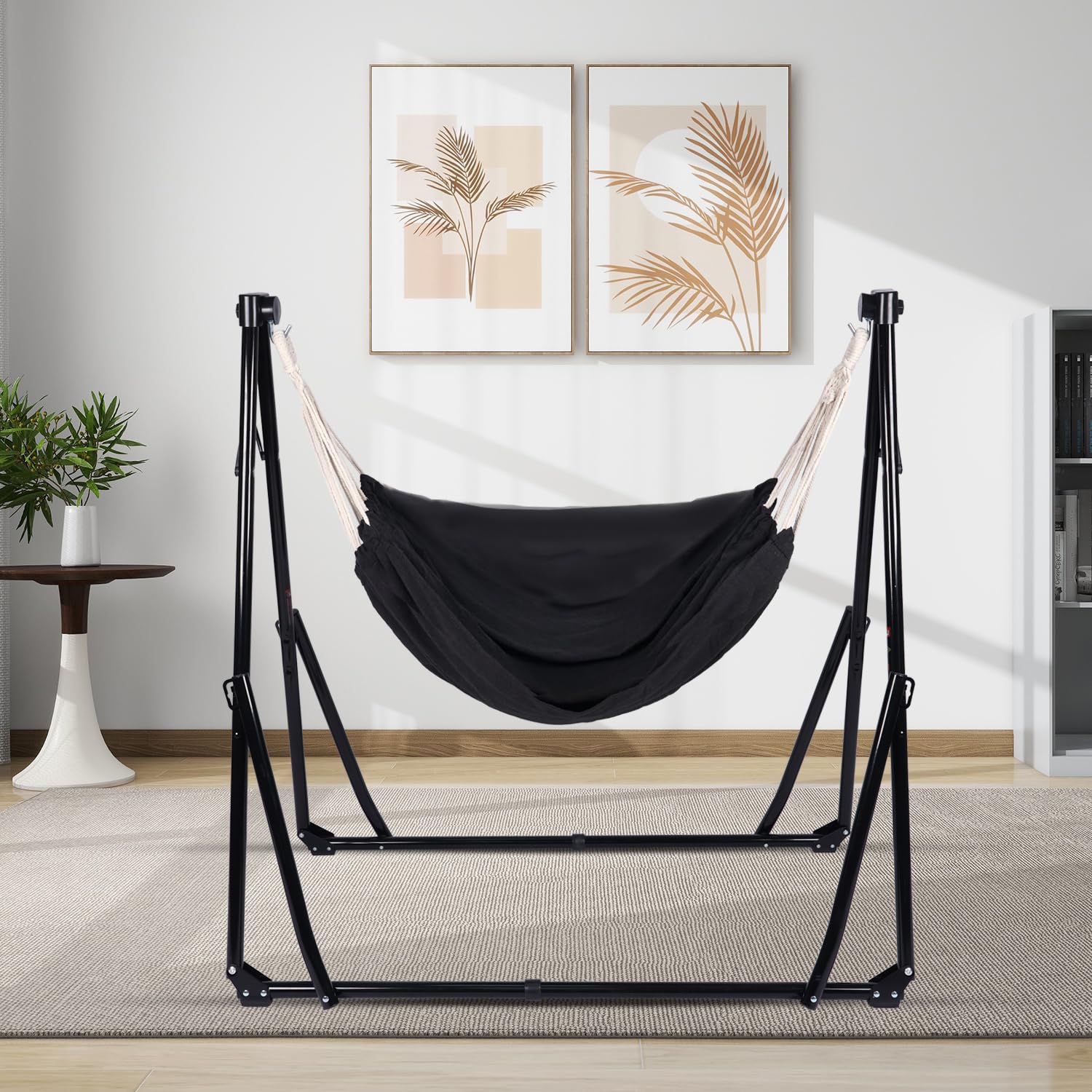 Generic hammock stand uses breathable fabric for year-round comfort.