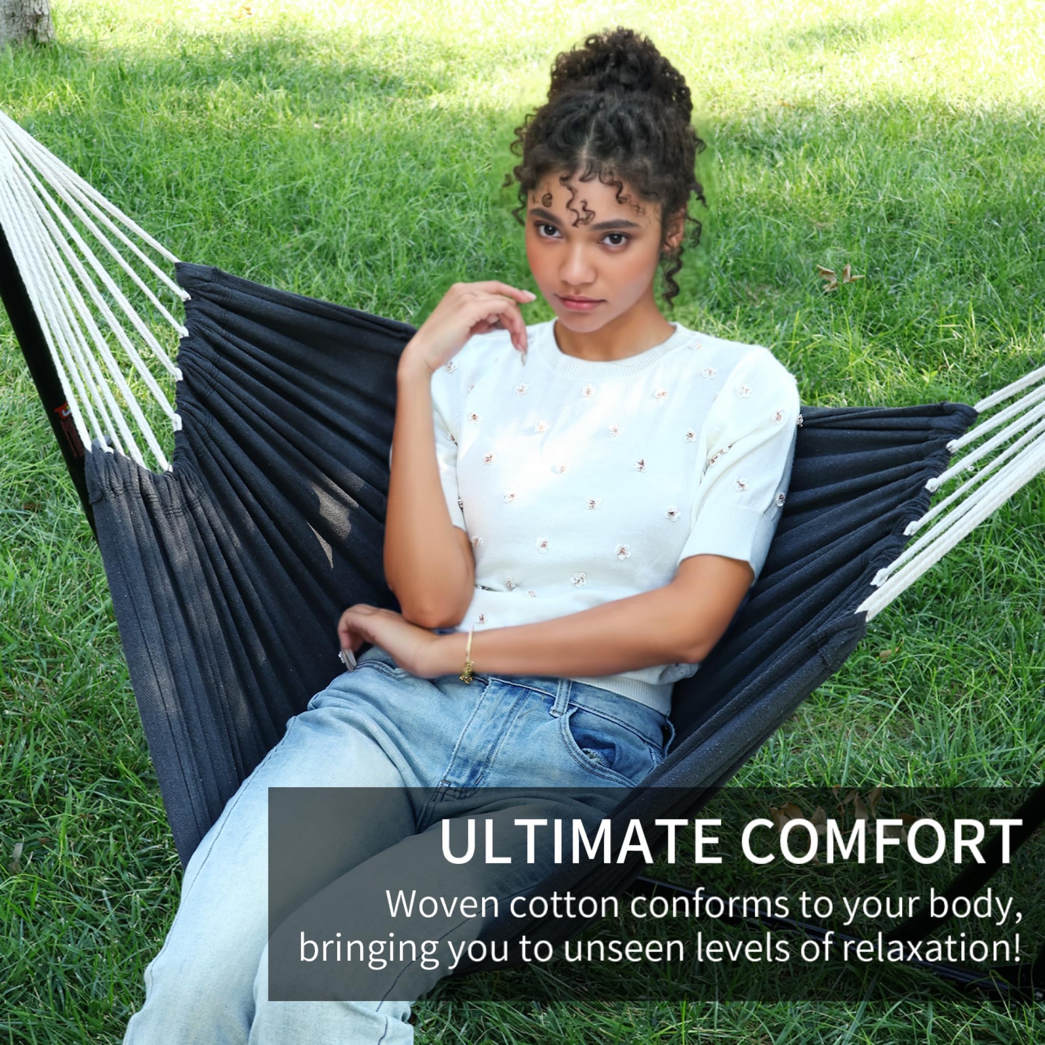Generic hammock stand with tool-free setup for quick relaxation.