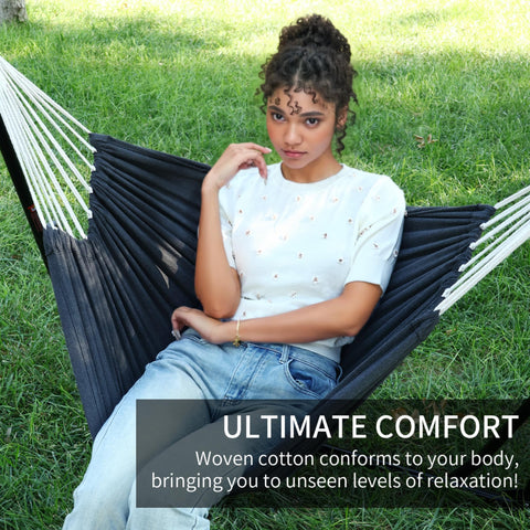 Generic hammock stand with tool-free setup for quick relaxation.