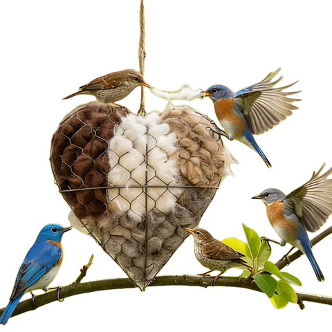 Generic handmade alpaca fiber bird nest heart hanging in garden for winter shelter.