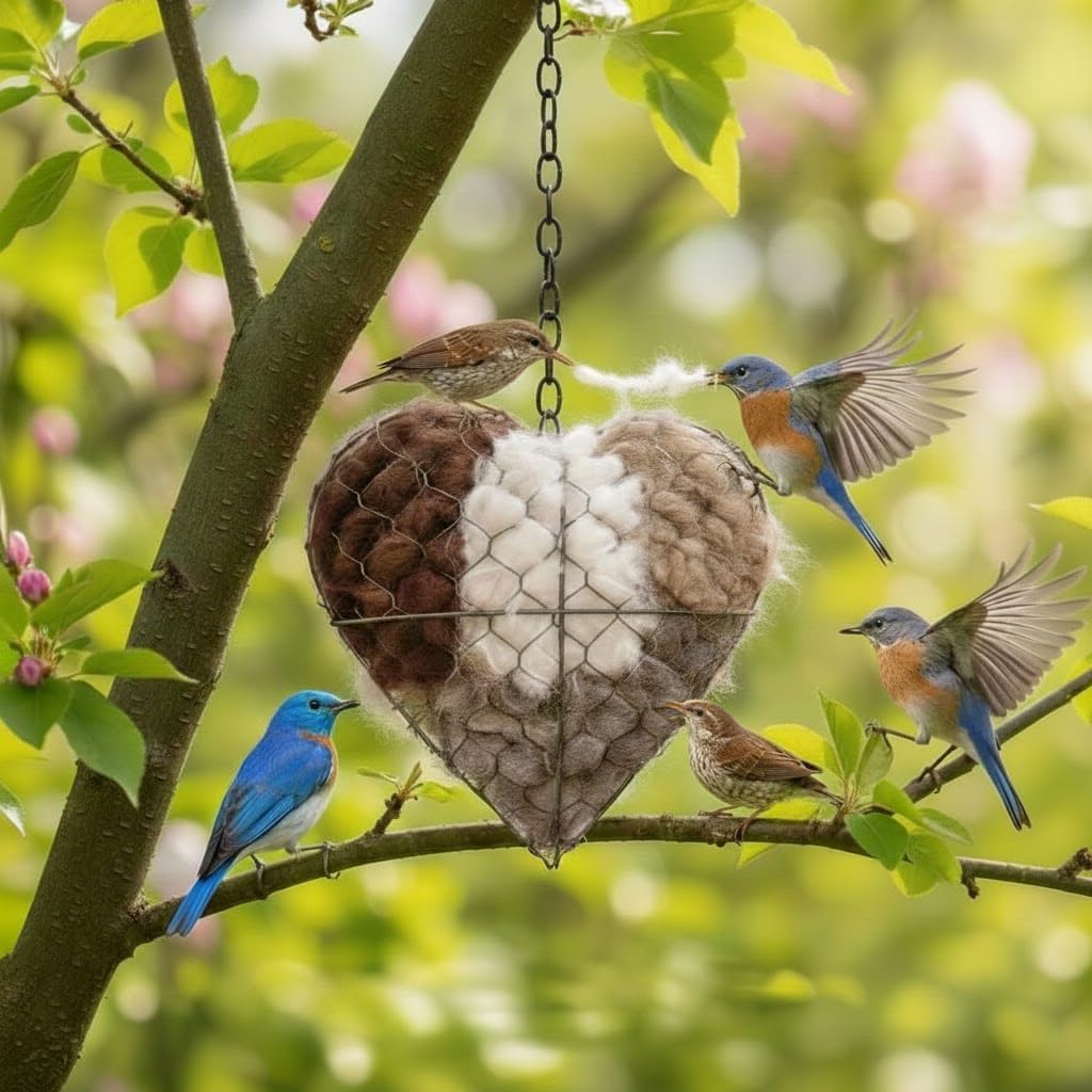Generic Handmade Alpaca Fiber Bird Nesting Heart on a branch providing cozy nesting space.