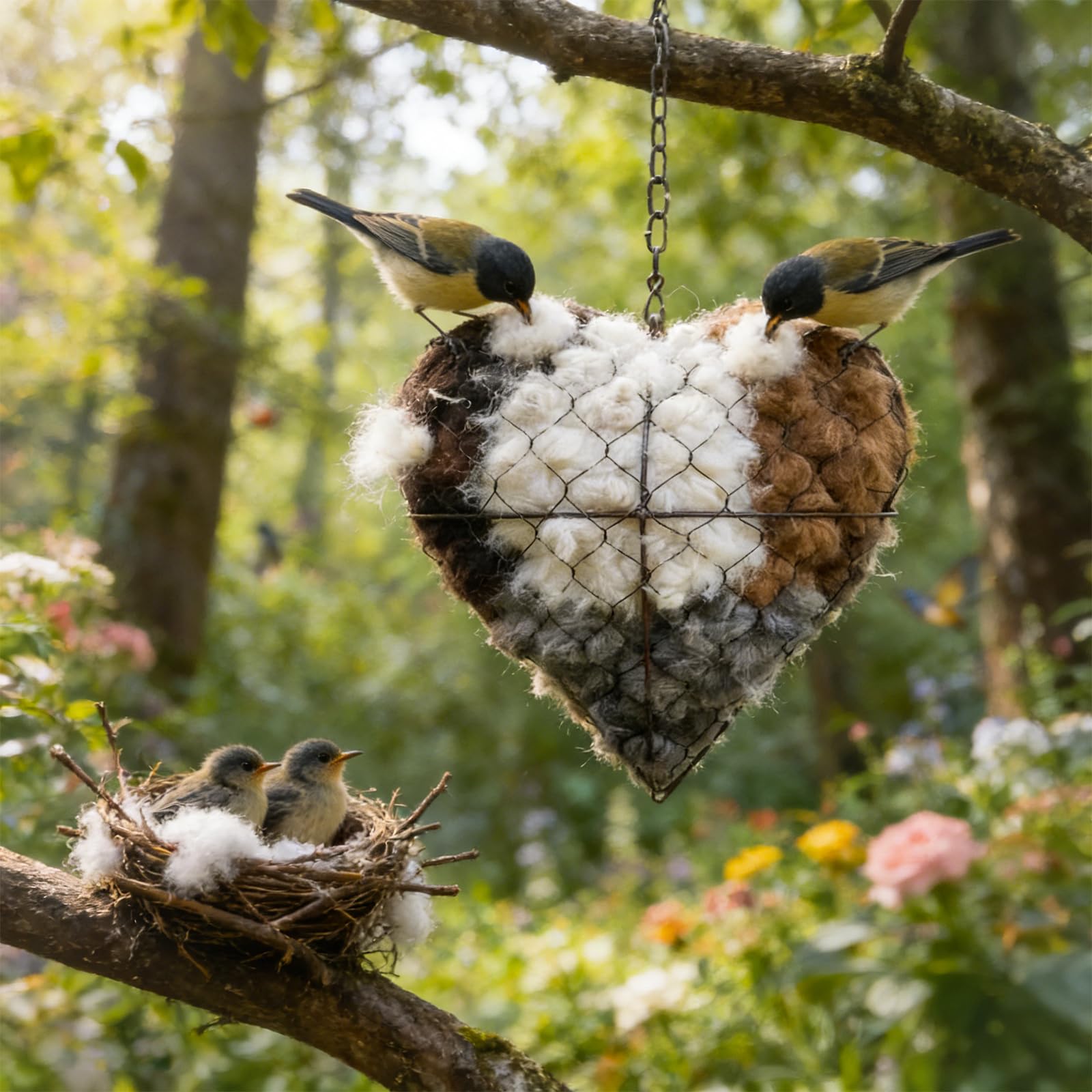 Generic Handmade Fiber Bird Nesting Heart closeup view shows a cozy garden shelter for birds