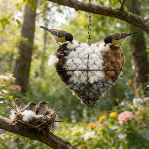 Generic Handmade Fiber Bird Nesting Heart closeup view shows a cozy garden shelter for birds