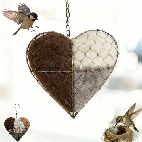 Generic Handmade Fiber Bird Nesting Heart with refillable fibers for backyard nesting.