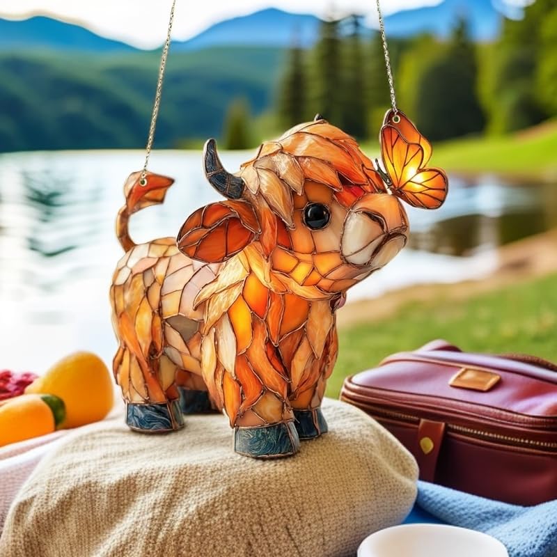 Generic suncatcher of Highland Cow and butterfly enhances windows with light-catching charm