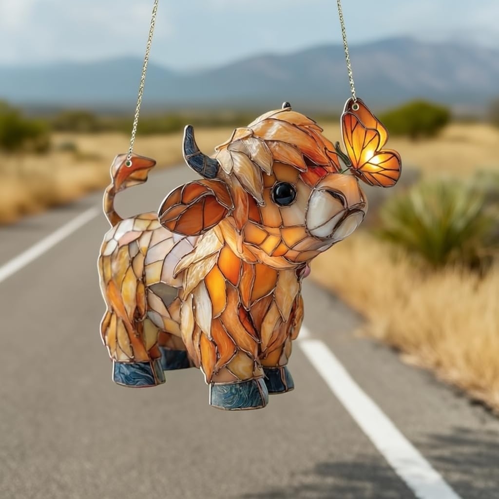 Generic Highland Cow Butterfly Suncatcher for farmhouse decor, catching light in sunlit afternoons