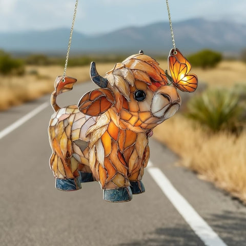 Generic Highland Cow Butterfly Suncatcher for farmhouse decor, catching light in sunlit afternoons