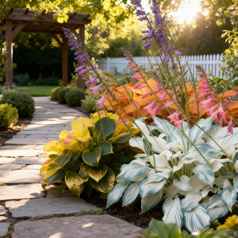 Generic Hosta leaves display variegation and glossy texture for shade borders.