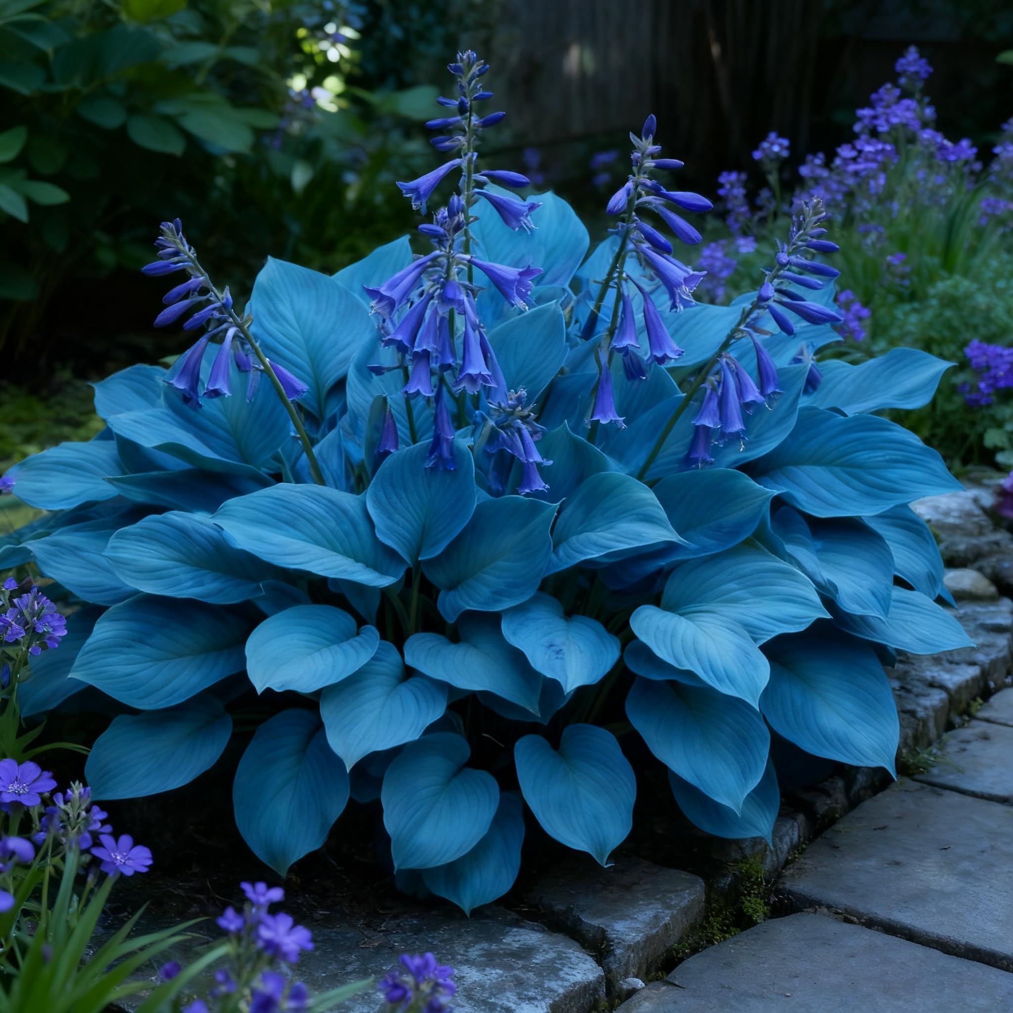 Generic Hosta seeds attract pollinators around lavender flowers in shade.